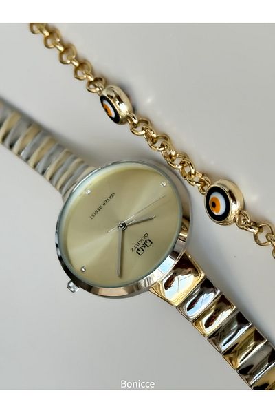 Q&Q Yellow Silver Colored Stylish Women's Wristwatch and Bracelet - Brand Steel Cord