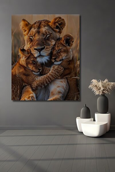 Teona Ahşap Dekoratif Ahşap Tablo Dişi Aslan ve Yavruları