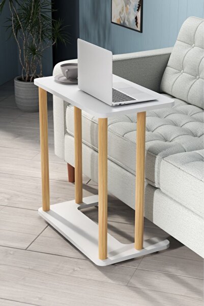 Evnalia Beyaz Laptop Sehpası Ham Ahşap Ayaklı Ahşap Tabla Demonte C-Sehpa Yan...