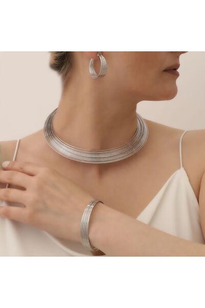 Rachel Silver Steel Gold Color Italian Spiral Model Adjustable Choker Necklace Bracelet Earring Set