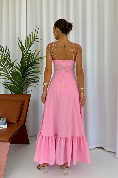 Mine Tan Butik Ροζ φόρεμα με δέσιμο στους ώμους με λεπτομέρεια και λαβή