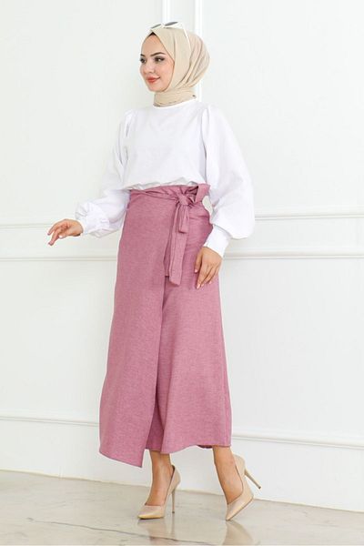 Bestenur Λινό Φούστα 1085 - Dusty Rose Model Wrap
