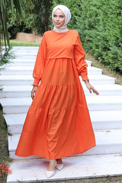 Bestenur Orange Hijab Dress - Single Layer Detailed, Model 1103