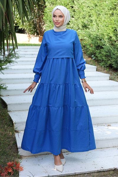 Bestenur Saks Blue Hijab Dress - Single Layer Detailed 1103
