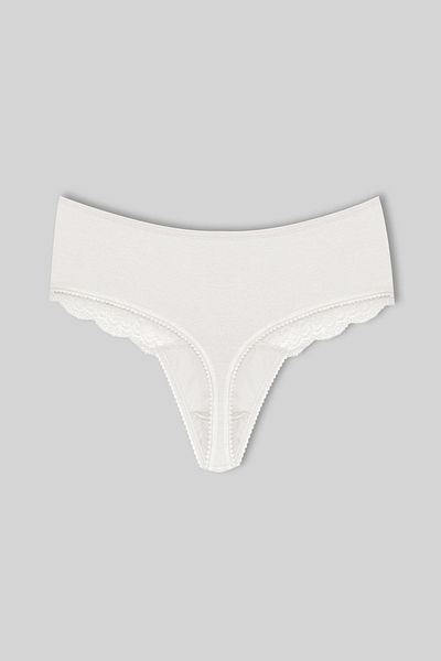 HNX Ecru Cotton Lace Front High Waist Large Size Thong Women's Panties