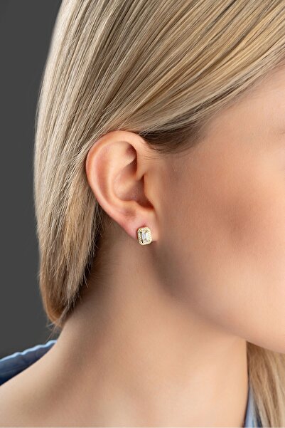 Nereze 925 Ayar Gümüş Gold Kaplama Baget Taşlı Tektaş Küpe