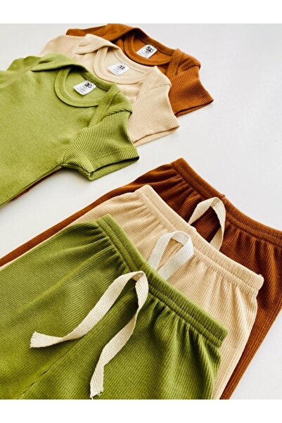 EFU BABY 3'lü %100 Pamuklu Kısa Kol Bebek Body Pantolon Takım