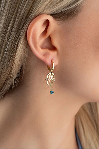 Nereze 925 Ayar Gümüş Gold Kaplama 10 mm Halka Nazar Fatma Ana Eli Küpe