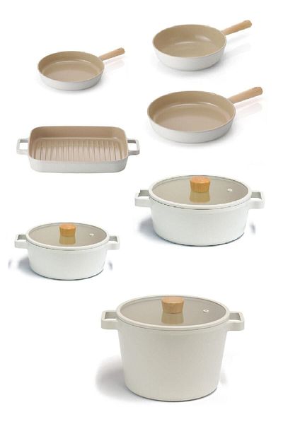 NEOFLAM Aluminum Casting Fika 10 Pieces Beige Cookware and Pans Set - 22K24K26D28G24T26W28T