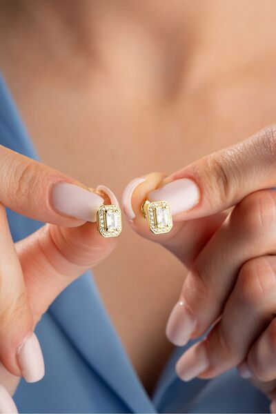 Nereze 925 Ayar Gümüş Gold Kaplama Baget Taşlı Tektaş Küpe