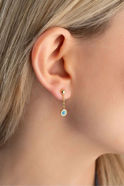 Nereze 925 Ayar Gümüş Gold Kaplama Sallantılı Minimal Nazar Küpe