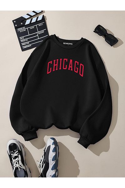 BENROMA УНИСЕКС суитшърт с голям размер - щампа CHICAGO, кръгло деколте