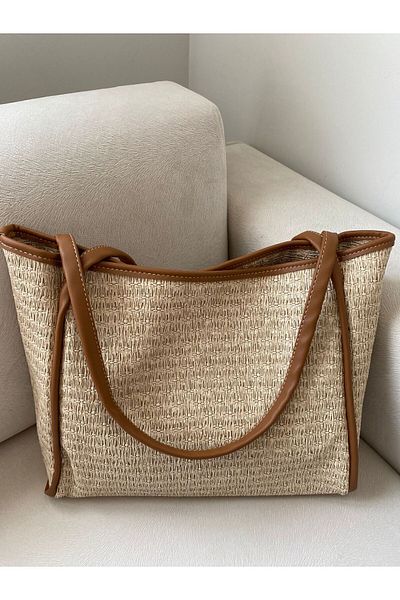 Mercan Wide Shoulder Bag in Straw Look - Beach and Laptop Bag