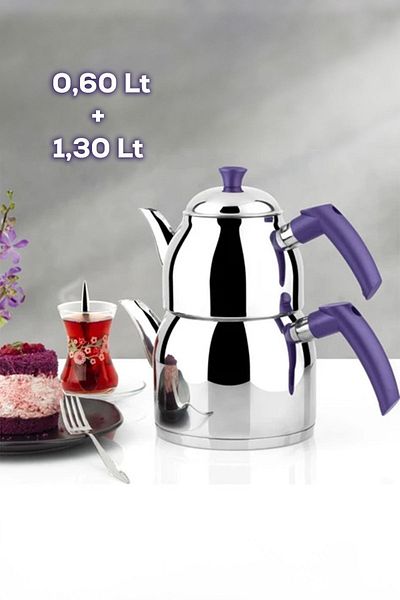Yonca Turquoise Mini Size Stainless Steel Induction Base Soft Handle Teapot Set 0.6 + 1.3 L - Purple