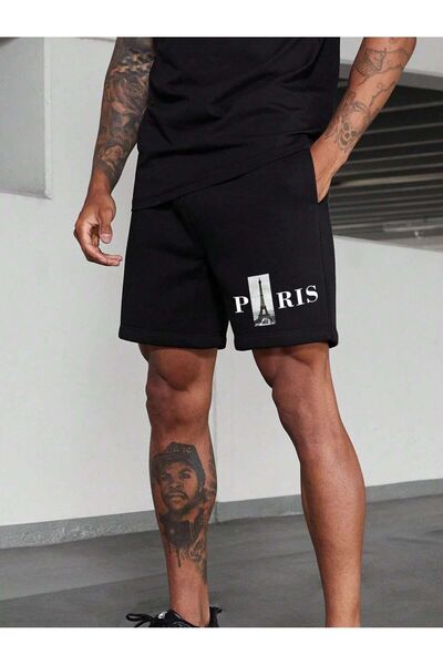 MODAVİBE Pantaloni scurți pentru bărbați cu imprimeu Paris - Seria Moda și Șt...