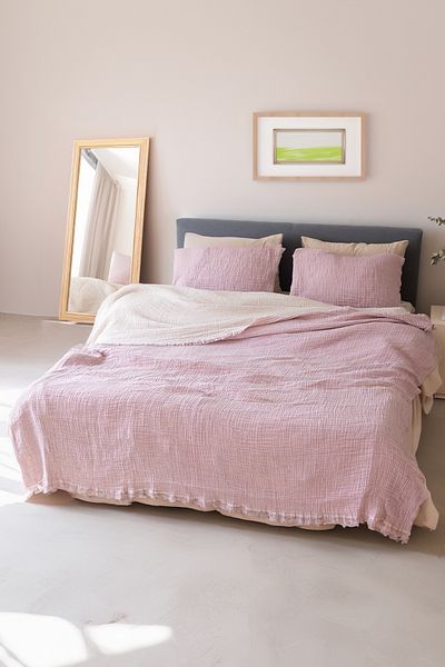 vivamaison 4 Layer Muslin Cotton Pique Bedspread - Double Sided, Pink, 220x240 Cm