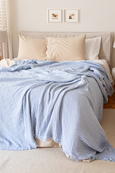 vivamaison Çift Kişilik Pike Yatak Örtüsü 4 Kat Müslin Pamuklu Çift Taraflı Bebe Mavisi 220x240 Cm