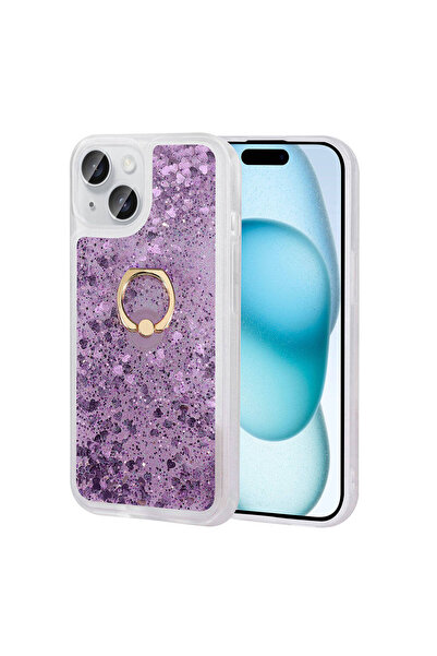 AQUA AKSESUAR Apple  iPhone 15 Plus Uyumlu Akışkan Simli Sıvılı Yüzüklü Parla...