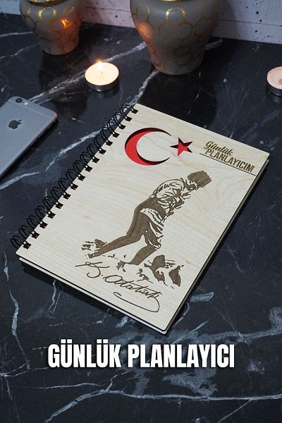 markcat Caiet de planuri din lemn Mustafa Kemal Atatürk - Planificator de agende fără timp pentru jurnal - A5