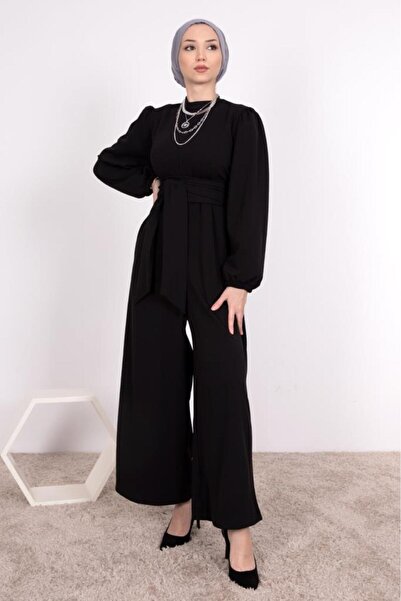 ENDERON Geniş Kuşak Dolamalı Tesettür Tulum Siyah