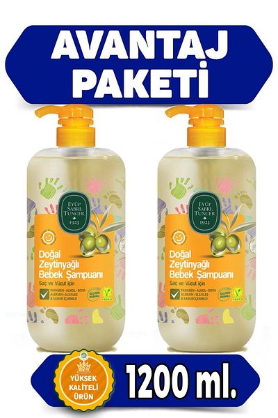 Eyüp Sabri Tuncer 600 ml X 2 (1200 ml) Baby Shampoo - No Paraben, Alcohol, Dye, Allergen, Sls, Seles and Soap