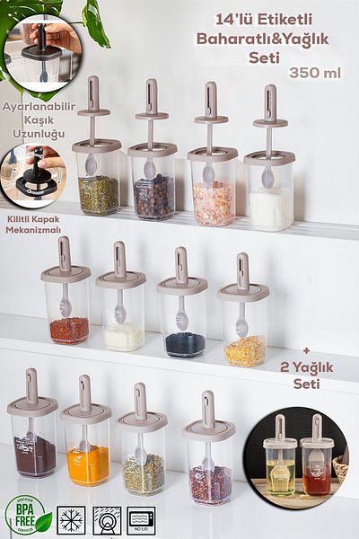 Porsima 1104 Model Set of 14 - Spice Bowl Set with Slide, Spoon, Leak-Proof Lid and Label