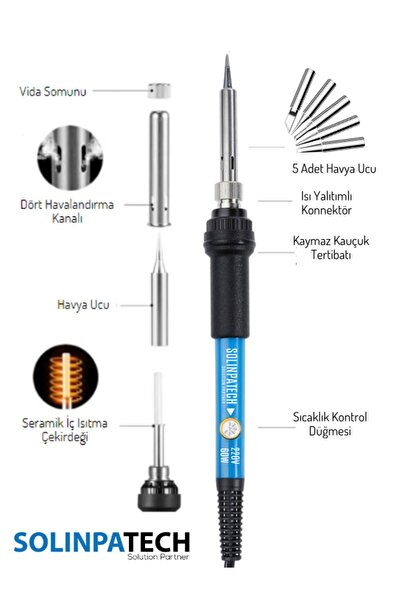 SolinpaTech 60w Isı Ayarlı Seramik Rezistörlü Kalem Havya Lehim Makinesi Ve 5 Adet Havya Ucu Seti