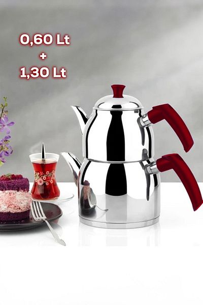 Yonca Turquoise Mini Size Red Teapot Set - Stainless Steel Induction Base, Soft Handle 0.6 + 1.3 L