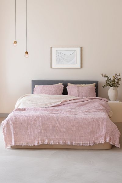vivamaison 4 Layer Muslin Cotton Pique Bedspread - Double Sided, Pink, 220x240 Cm