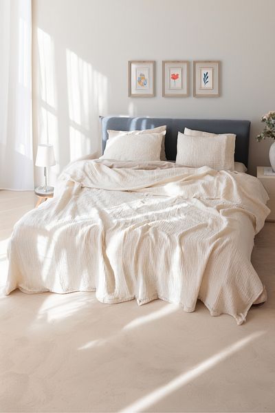 vivamaison 4 Layers Muslin Cotton Pique Bedspread - Double, Double Sided, Natural 220x240 Cm