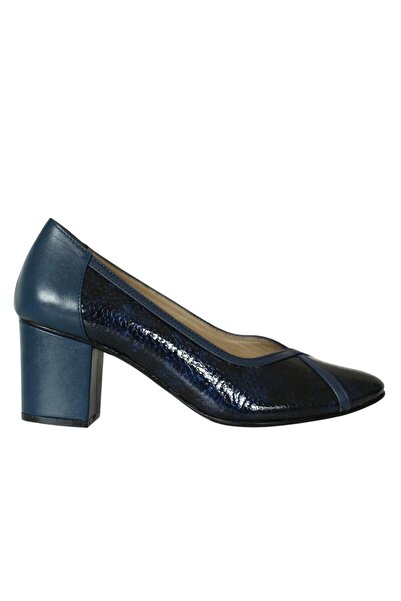 Platin Navy Blue Patent Leather Print Women's Classic Heeled Shoes