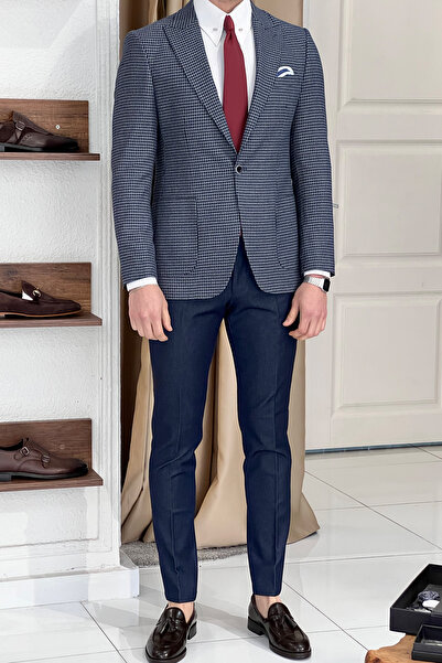 NAZEF Navy Blue Pointed Collar Slim Fit Wool Jacket - Bag Pocket Houndstooth