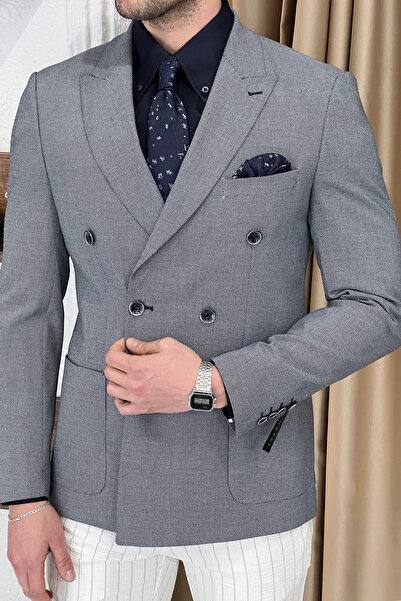 NAZEF Gray Double Breasted Jacket - Slim Fit, Pointed Collar, Bag Pocket