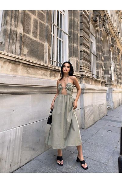 TRİKOM Women's Long Dress - Chest Cutout and Halter Neck