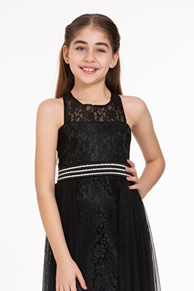 AHENGİM Kids Kız Çocuk Inci Taşlı Tüllü Trend Abiye Ak2229