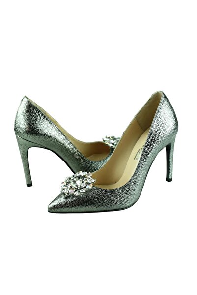 Platin Deri Kadın Taş Detaylı Stiletto