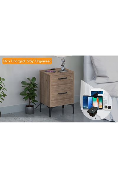 Mahmayi Modern Stand: USB Fast Charging, Soft-Close Drawers, Easy Assembly, Truffle Davos Oak