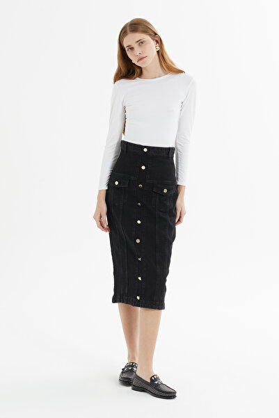 kı.we 4 Cepli Gold Düğme Ve Trok Detaylı Arkası Yırtmaçlı Yüksek Bel Midi Boy...