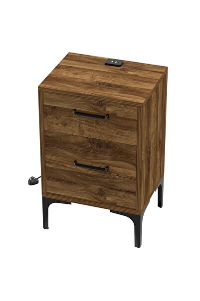 Mahmayi Modern Side Table with USB Ports & Soft-Close Drawers - Dark Hunton Oak