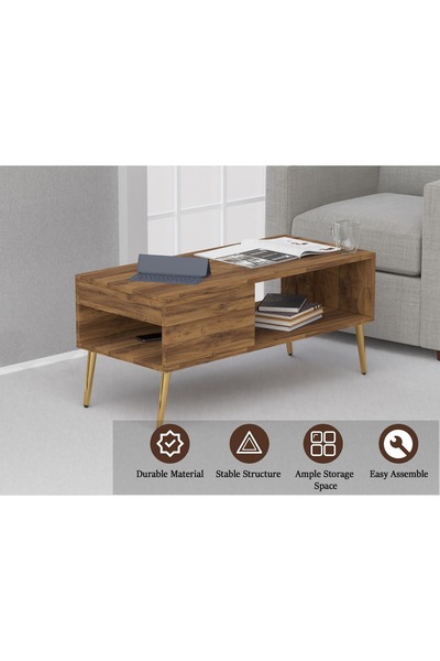 Mahmayi Modern Coffee Table with Storage Shelf & Side Compartment - Dark Hunton Oak