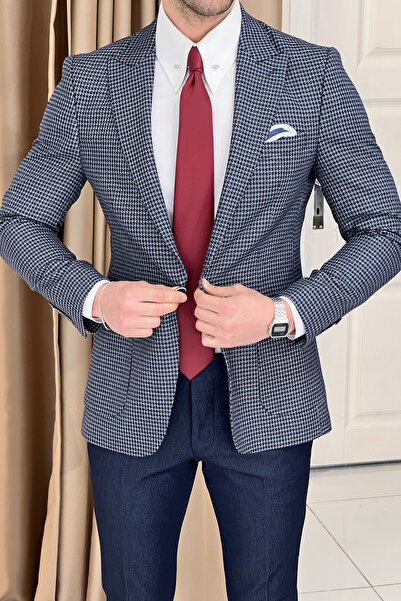 NAZEF Navy Blue Pointed Collar Slim Fit Wool Jacket - Bag Pocket Houndstooth
