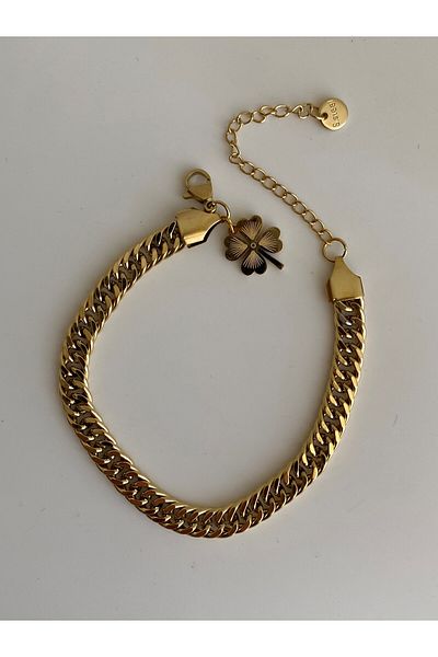 Owentis Snap Chain Comet Bracelet - Steel Gold with Clover Detail, No Tarnish