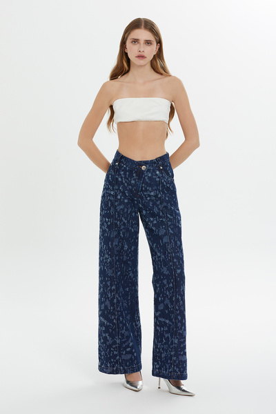 GİZİA Wide Leg and Single PleatedDenimTrousers - Belt and Button Detail