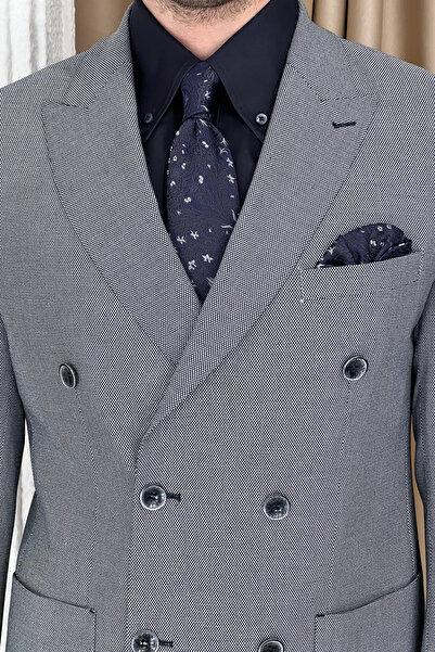 NAZEF Gray Double Breasted Jacket - Slim Fit, Pointed Collar, Bag Pocket