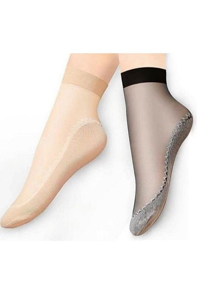 Meguca Socks Дамски чорапи до глезена от тюл в черно и телесен цвят, 12 чифта
