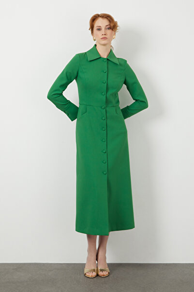 Shirt Collar Buttoned Long Sleeve Green Midi Size Dress