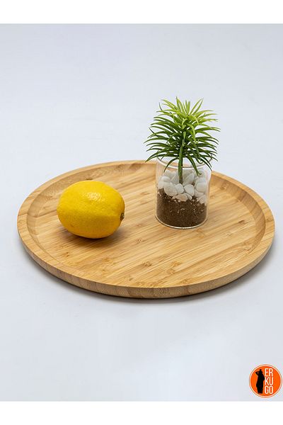 ERKUGO Large Size 2 Pieces Bamboo Round Serving Plate and Presentation Set - 25x25 Cm