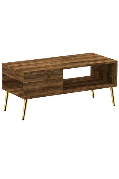 Mahmayi Modern Coffee Table with Storage Shelf & Side Compartment - Dark Hunton Oak