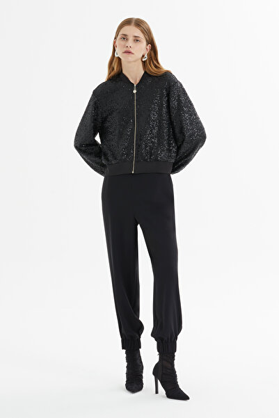 kı.we Önü Metal Fermuarlı Pul Payet Bomber Siyah Ceket
