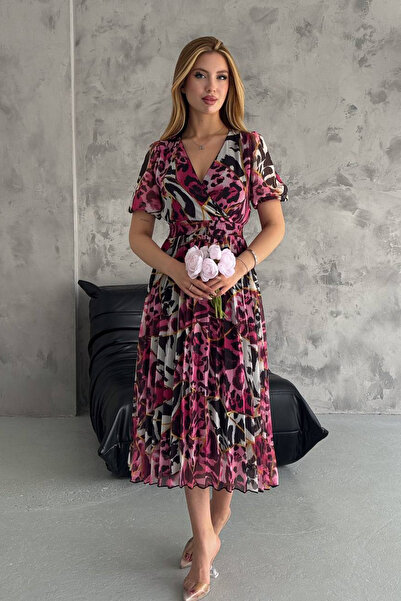 Neşeli Butik Φούξια Γυναικείο φόρεμα σιφόν με διπλό μοτίβο - NBQ001